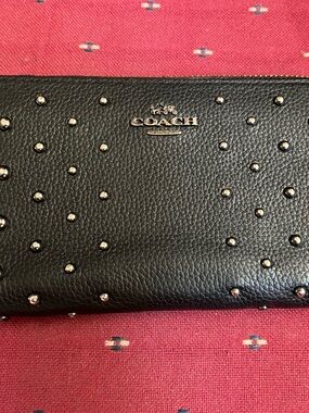 Coach Black Pebbled Leather Studded Zip Around Wallet